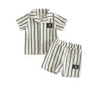 Toddler Boys Summer Clothes Vintage Texture Striped 2Pcs Outfit Short Sleeve Lapel Button Up Shirt Tops Knit Shorts Set (Multicolor, 18-24 Months)