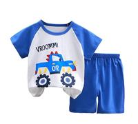 Toddler Boys Summer Short Outfits Cartoon Printed Cotton T-Shirts and Shorts Sets 2 Piece Crewneck Boys Clothing Set Age 1-6 Years (a-Blue, 4-5 Years)