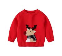 Toddler Christmas Knit Jumper Reindeer Embroidery Long Sleeve Crew Neck Knitted Pullover Baby Fall Winter Warm Tops (Red, 6-12 Months)