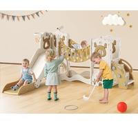 Toddler Climber Kids Slide Play Set, Kids Activity Play Toy with Basketball Hoop, Storage Box and Toddler Climber, Freestanding Slider Garden Playground for Toddlers (7-in-1 Vitality (Khaki))