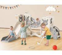 Toddler Climber Kids Slide Play Set, Kids Activity Play Toy with Basketball Hoop, Storage Box and Toddler Climber, Freestanding Slider Garden Playground for Toddlers (7-in-1 Vitality (Beige and Gray))
