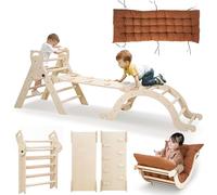 Toddler Climbing Frame for Toddlers Age 1 2 3 4 5, Indoor Kids Wooden Climbing Frame with Slide Ramp Triangle Climber Arch and Cushion Montessori Toy Toddler Kid Gym - Medium (Natural and Unpainted)