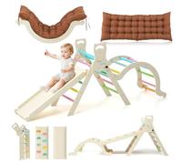 Toddler Climbing Frame for Toddlers Age 1 2 3 4 5+, Upgrade Indoor Kids Baby Wooden Climbing Frame with Slide Ramp Triangle Climber Arch Cushion, Montessori Toy Toddler Kid Gym - Large (Rainbow)