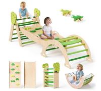 Toddler Climbing Frame, Wooden Climbing Tripod Set, with Climbing Frame, Soft Cushion, Montessori Climbing Fitness Set, for Children Aged 1-3 Indoor and Outdoor Use (Green dinosaur-7 in1)