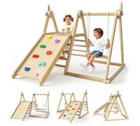 Toddler Climbing Frame, Wooden Climbing Tripod Set, with swing, slide, climbing ladder, climbing board, windmill, Montessori Climbing Fitness Set, for Kids Aged 1-3 In&Outdoor Use (Wood color-5 in 1)