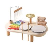 Toddler Drum Set With Wooden Xylophone 39x23x8.1cm | Childrens Musical Drum Kit Wooden Sensory Toy Set With Harpsichord And Rattles For Toddler Learning And Play 960g Natural Wood