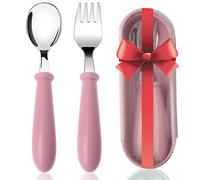 Toddler Fork and Spoon Set, Acehome Stainless Steel Baby Cutlery Set with Travel Case Dishwasher Safe for Kids, Children Flatware Weaning and Learning to Use (Pink)