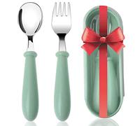 Toddler Fork and Spoon Set, Acehome Stainless Steel Baby Cutlery Set with Travel Case Dishwasher Safe for Kids, Children Flatware Weaning and Learning to Use (Green)