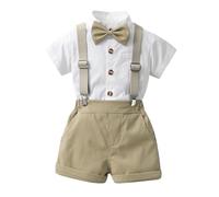 Toddler Formal Outfit Kid Gentleman Short Sleeve Shirt Bow Tie Boy Suspender Shorts Wedding Suit Boys Outfits Toddler Boys Summer Two Piece Suit Set for 1-6 Years