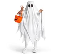 Toddler Ghost Costume - Toddler Cosplay White Ghosts Costume | Halloween Ghost Costumes Kids With Pumpkin Trick Or Treat Bag, Soft Cotton Blend Cape Cloak With Hood For Children Girls Events