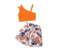 Toddler Girl Beach Outfits One Shoulder Ribbed Cami Tank Tops Tropical Print Shorts Baby Kid Summer Casual Cute Clothes Set (Orange, 10 Years)