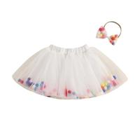 Toddler Girl Birthday Princess Dress Little Girls Colorful Plush Ball Tulle Skirt A-Line Tiered Puffy Hem Elastic Waist Mesh Tutu Skirt Pageant Baptism Party Dress with Headband (White, 12-18 Months)