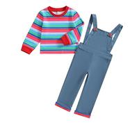Toddler Girl Chucky Costume Striped Long Sleeve Shirt Flare Overall Pants | Kids Halloween Costume, 2 Piece Fall Outfit, Rainbow Stripes Top and Pants, Toddler Girl Halloween Outfit