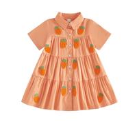 Toddler Girl Easter Dress Bunny/Carrot Embroidery Lapel Collared Button up Swing Princess Dress Spring Summer Clothes Little Girls Easter Dresses (Orange, 2-3 Years)