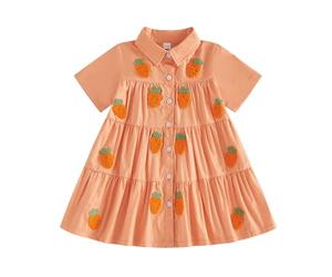 Toddler Girl Easter Dress Bunny/Carrot Embroidery Lapel Collared Button up Swing Princess Dress Spring Summer Clothes Little Girls Easter Dresses (Orange, 3-4 Years)