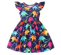Toddler Girl Round Neck Dress for Kids Children's Cartoon Dinosaur Prints Summer Beach Party Wedding Prom Birthday Casual Dresses Princess Sundress Clothes for Little Girls