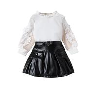 Toddler Girl Skirt Sets 2 Piece Outfits Puff Sleeve Turtleneck Tops Blouse Leather Skirt Fall Winter Clothes Fashion Young Girl Outfits Children's (White, 18-24 Months)
