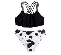 Toddler Girls 2 Piece Cow Printed Bikini Set Ruffle Strap Swimsuit Kids Bathing Suit Summer Vacation Beach Swimwear (Black, 13-14 Years)