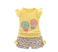 Toddler Girls 2 Piece Outfit Lolly T-Shirt Flying Tops + Floral Print Shorts with Pockets Summer Beach Baby Girl Casual Loose Set (Yellow, 80)