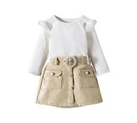 Toddler Girls 2 Piece Outfit Solid Ruffle Long Sleeve Blouse Shirt Plaid Leather Skirt Set Baby Girl Winter Clothes Leather Skirt Pearl Buckle Belt Set (Beige, 3-4 Years)