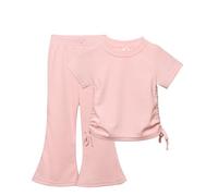 Toddler Girls 2 Piece Outfits Kids Casual Tracksuit Solid Color Short Sleeve Tops Wide Leg Long Flared Pants Clothes Set Stylish Children Matching Clothing Sets (Pink, 5-6 Years)