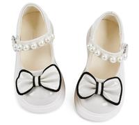 Toddler Girls' Ballet Princess Flats with Pearls and Bow Soft Sole Mary Jane Flats Princess Dress Shoes for School Wedding Off White 6 UK Child