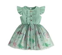 Toddler Girls Bow Tie Sleeves Dinosaur Prints Tulle Ribbed Princess Dress Clothing Skirts Girls Checked, Green, 3-4 Years