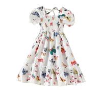 Toddler Girls Butterfly Square Neck Boho Dress Puff Sleeve A Line Midi Dresses Summer Smocked Pleated Dress Short Sleeve Bubble Butterfly Print Long Dresses (White, 3-4 Years)
