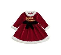 Toddler Girls Christmas Dress Santa Baby Princess Outfit Long Sleeve Round Neck Letter Pattern Fur Trim Bow Velvet Dress Baby Girls Merry Christmas Party Club Xmas Outfits (Red-A, 3-4 Years)