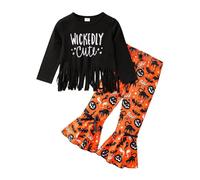 Toddler Girls Clothes Outfits Set Kids Halloween Cartoon Print Jumper Long Sleeve Sweatshirt Tops Flare Trousers Pants 2 Piece Cute Fall Winter Clothing Set Age 1-8 Years Old