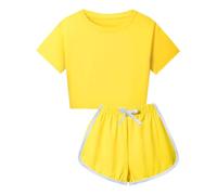 Toddler Girls Cropped T Shirts Short Set with Drawstring Short Sleeve Crew Neck Kids Plain Athletic Outfits Cycling Running Sports Clothes Solid Color (Yellow, 11-12 Years)