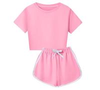 Toddler Girls Cropped T Shirts Short Set with Drawstring Short Sleeve Crew Neck Kids Plain Athletic Outfits Cycling Running Sports Clothes Solid Color (Pink, 11-12 Years)
