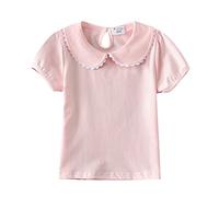 Toddler Girls Cute T Shirts Peter Pan Collar Cut Out Back Lace Tops Infant Baby Solid Color School Tee Shirts (Pink, 18-24 Months)