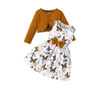 Toddler Girls Dress with Cardigan Set Little Girl Floral Sleeveless Patterned Sun Dresses Ruffle Coat Baby Tutu Clothes Preppy Party Prom Dress for Teenagers Kids Summer Clothes (Coffee, 4 Years)