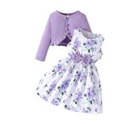 Toddler Girls Dress with Cardigan Set Little Girl Floral Sleeveless Patterned Sun Dresses Ruffle Coat Baby Tutu Clothes Preppy Party Prom Dress for Teenagers Kids Summer Clothes (Purple, 7 Years)