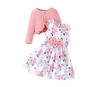 Toddler Girls Dress with Cardigan Set Little Girl Floral Sleeveless Patterned Sun Dresses Ruffle Coat Baby Tutu Clothes Preppy Party Prom Dress for Teenagers Kids Summer Clothes (Pink, 5 Years)