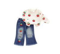 Toddler Girls Fall Outfits Long Sleeve Strawberry Floral Sweatshirt Pullover Top Ripped Flared Jeans Elastic Waist Denim Trousers 2Pcs Baby Girl Winter Clothes Set (Red Strawberry, 2-3 Years)