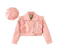 Toddler Girls Faux Leather Motorcycle Jacket Cute Ruffle Spring Fall PU Coat and Hat 2 to 7 Years Big Girls Tops Size 8 Top Girls Age 10 Pink