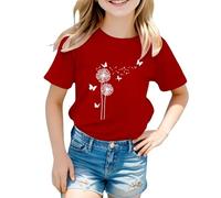 Toddler Girls Funny Dandelion Heart Butterfly Print Short Sleeve T Shirt Crew Neck Kids Cotton Casual Tee Comfy Breathable Loose Athletic Tshirt (Red-C, 10-11 Years)