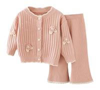 Toddler Girls Knit Cardigan Two Piece Outfit Set Long Sleeve Open Front Button Closure Round Neck Casual Winter Fall Spring, Handmade Floral Design Soft Comfortable Kids Apparel Daily Leisure #D Pink