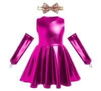 Toddler Girls Metallic Dresses Sparkly Shiny Birthday Party Twirl Dress Kids Sleeveless Skater Ruffle Swing Dress with Arm Sleeves Headband Outfits Halloween Stage Performance Carnival Hot Pink 4-5Y