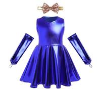 Toddler Girls Metallic Dresses Sparkly Shiny Birthday Party Twirl Dress Kids Sleeveless Skater Ruffle Swing Dress with Arm Sleeves Headband Outfits Halloween Stage Performance Carnival Royal Blue 4-5Y
