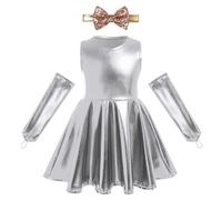 Toddler Girls Metallic Dresses Sparkly Shiny Birthday Party Twirl Dress Kids Sleeveless Skater Ruffle Swing Dress with Arm Sleeves Headband Outfits Halloween Stage Performance Carnival Silver 3-4Y
