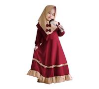 Toddler Girls Muslim Abaya Prayer Dress with Hijab Baby Eid Outfits Islamic Middle East Arabian Dubai Robe Ramadan Kids Outfit Toddler Kaftan Dress (Red, 18-24 Months)