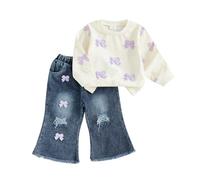 Toddler Girls Outfits 0-7 Years Long Sleeve Crochet Floral/Strawberry Embroidery Sweatshirt Pullover Tops with Flare Jeans Elastic Denim Pants Sets 2Pcs Girl Clothing (Light Purple, 2-3 Years)