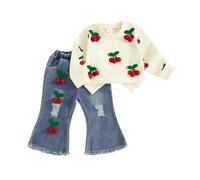 Toddler Girls Outfits 0-7 Years Long Sleeve Crochet Floral/Strawberry Embroidery Sweatshirt Pullover Tops with Flare Jeans Elastic Denim Pants Sets 2Pcs Girl Clothing (Light Red, 2-3 Years)