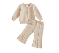 Toddler Girls Outfits 2-3 Years Bow Decor Long Sleeve Sweatshirt Pullover Tops with Elastic Waist Flare Pants Sets 2Pcs Baby Girl Clothing 18-24 Months (Khaki, 2-3 Years)