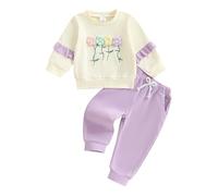 Toddler Girls Outfits 2-3 Years Long Sleeve Floral Crochet Embroidery Sweatshirt Pullover Tops with Elastic Waist Sweatpants Sets 2Pcs Baby Girl Clothing 18-24 Months (Purple, 18-24 Months)