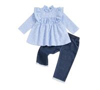 Toddler Girls Outfits 2-3 Years Long Sleeve Floral Plaid Print Pullover Tops Sweatshirt with Elastic Waist Denim Pants Jeans Cute Sets 2Pcs Girl Clothing 3-4 Years (Blue, 3-4 Years)