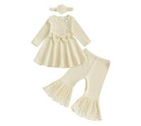 Toddler Girls Outfits 2-3 Years Long Sleeve Flower Embroidery Tops Ruffled Sweatshirt with Floral Lace Embroidery Flare Pants and Headband Sets 3Pcs Baby Girl Clothes (Apricot, 18-24 Months)